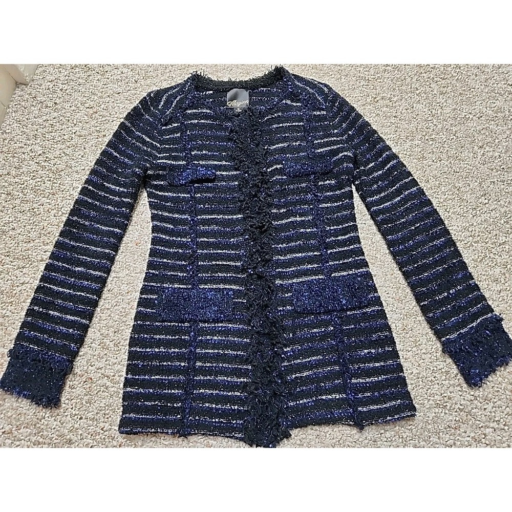 MCGINN USA Coat Jacket Womens Black Blue Boucle Fringe Dressy Snap Medium